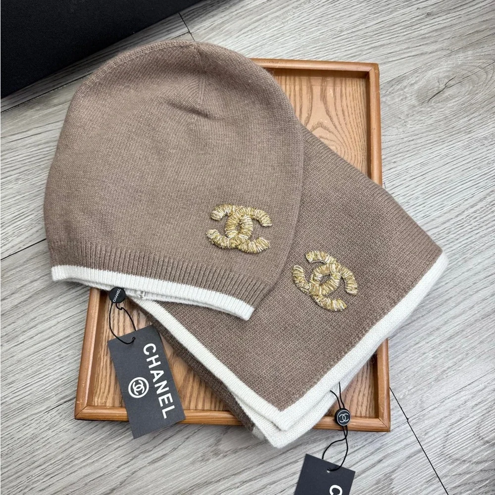 Chanel Taupe Knit Scarf and Beanie Set with White Trim